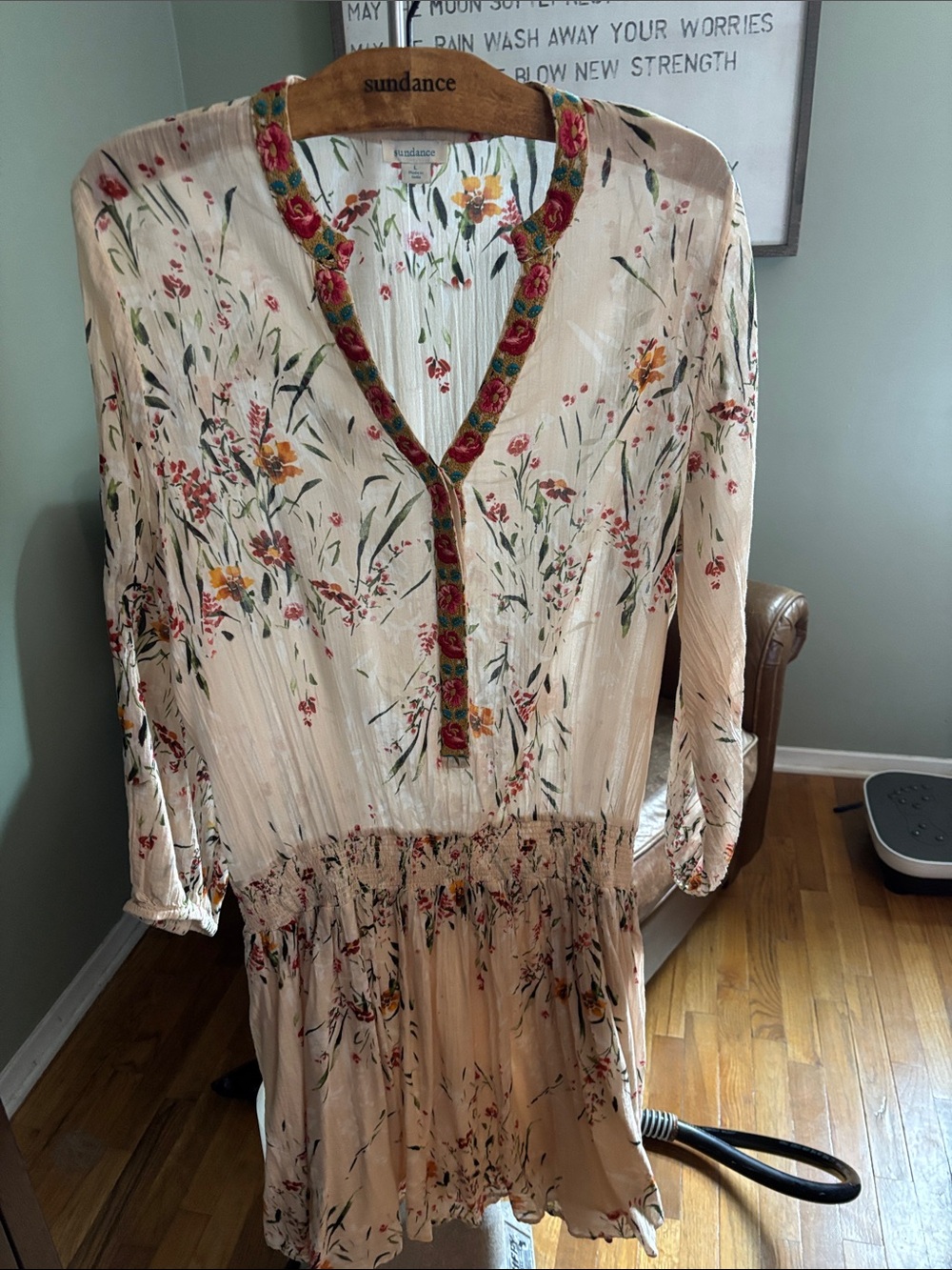 Sundance Cream Floral Long-Sleeve V-Neck Smocked Dress